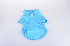 Close-up of sky blue pet polo shirt with white buttons and breathable mesh fabric texture