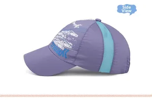 Side view of purple mesh baseball cap for kids with breathable blue vents and G20 print