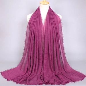 Deep purple pleated cotton scarf for women with soft raw fringe and lightweight drape