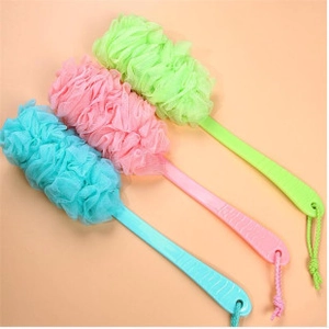 Three long-handled bath sponges in blue pink and green colors with hanging ropes