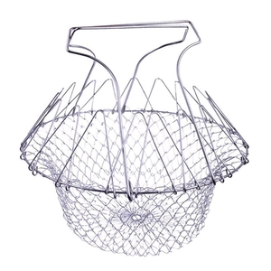 Foldable silver stainless steel chef basket and deep frying mesh strainer with handles