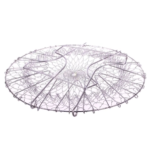 Flat lay of foldable stainless steel mesh frying basket on white background