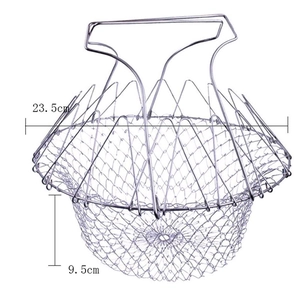 Detailed view of the 23.5cm diameter foldable stainless steel frying basket size specifications