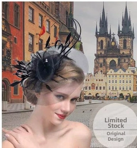 Detail of elegant black mesh floral headpiece with feathers and pearls for weddings