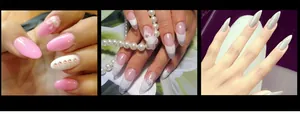 Detailansicht künstlicher Nägel mit rosa Schleifen, French Tips und nude-grauem Finish