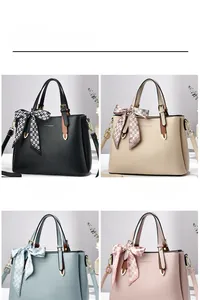 Detail view of stylish tote bags in black, khaki, blue, and pink with silk scarf accents
