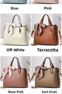 Multiple colors of women's leather handbags with decorative silk scarves in a grid view
