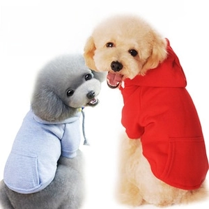 Detail view of light blue and red pet hoodies with drawstring hood and back pocket