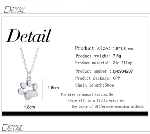 Detail view of silver cat paw pendant with measurements 1.8x1.8cm and 50cm chain length