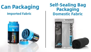Detail showing two types of cooling towel packaging in blue tin and zip-lock pouch
