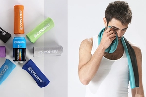 Detail of breathable cooling towels in portable cans and various vibrant colors