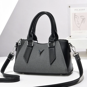 Women Fashion Woven Fabric PU Leather Patchwork Crossbody Bag Handbag Silver Metal V Logo Elegant Daily Shoulder Purse
