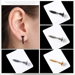 Industrial screw stud earrings in black silver and gold finishes for a punk aesthetic
