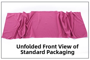Flat lay of a rose pink cooling sports towel with breathable mesh texture on white background