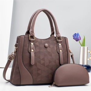 Deep mocha brown quilted leather tote set with geometric texture and gold hardware