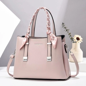 Elegant mauve lychee texture shoulder bag with scarf handle and fashion branding