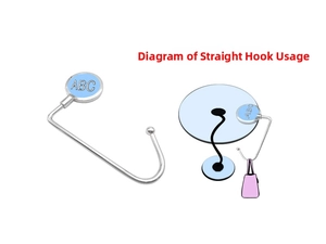Usage diagram of portable blue metal bag hook showing its function hanging on a desk edge
