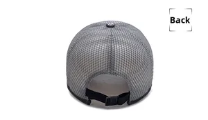 Rear view of grey mesh baseball cap showing honeycomb breathable fabric and adjustable strap
