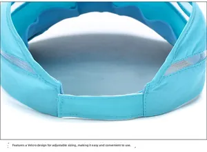 Detail of adjustable velcro closure and breathable mesh on sky blue sun visor hat