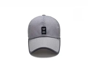 Front view of grey breathable mesh baseball cap with extra long brim and leather logo