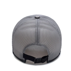 Rear view of grey mesh sun hat for men with breathable honeycomb fabric and adjustable strap