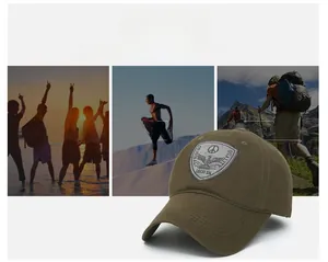 Detailed embroidery of olive green cotton baseball cap with shield-shaped vintage patch