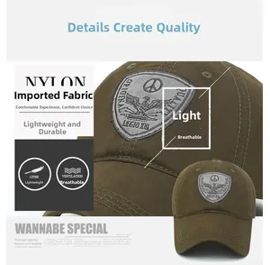 Detail of army green nylon baseball cap featuring a vintage eagle embroidery patch