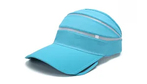 Detail view of sky blue sun visor with white mesh breathable panels and wide brim