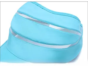 Detail view of sky blue sun visor with mesh stitching for maximum breathability