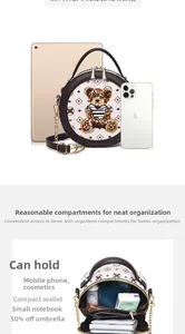 Comparaison de la taille du sac rond avec un iPad et vue de l'espace intérieur