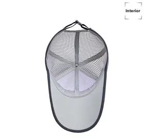 Detailed interior view of a gray mesh sun hat with breathable holes and reinforced stitching