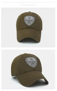 Detail of army green cotton baseball cap with embroidered shield patch and legion eagle