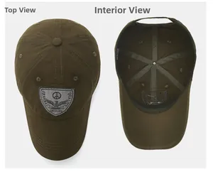Top and interior view of army green cotton baseball cap with eagle shield patch detail