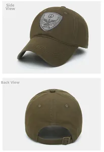 Detail view of military green cotton baseball cap with side profile and metal buckle strap