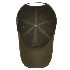 Men's olive green cotton baseball cap showing internal six-panel structure and sweatband