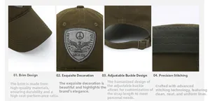 Detail view of army green cotton baseball cap with vintage patch and metal buckle
