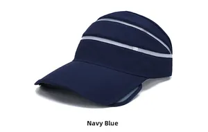 Detail view of navy blue sun visor with white stripes and adjustable telescopic brim