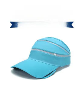 Macro detail of sky blue sun visor featuring breathable white mesh vents and long brim