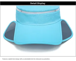 Detail view of the retractable brim on a blue sun visor hat for enhanced sun protection