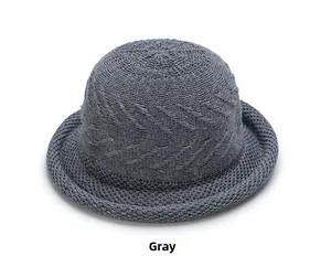 Detail of grey knitted sun hat with intricate leaf-shaped weave and rolled brim