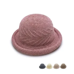 Women Hollow Woven Bucket Hat Breathable Cotton Blend Basin Sun Hat With Wind Rope Elegant Solid Color Cloche Summer