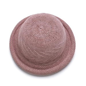 Breathable hollow knit dome sun hat for women in elegant dusty pink color
