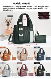 Detailed view of bicolor tote bag dimensions and multi-compartment interior structure