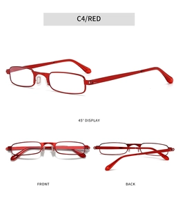 Detailed views of red metal reading glasses showing front back and side frame angles