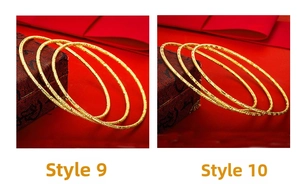 Detail of Style 9 frosted texture and Style 10 bamboo groove golden bangles set