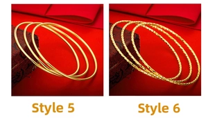 Detailed comparison of polished and textured gold-plated bangles on red silk background