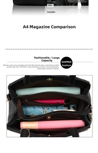 Detail view of large black tote bag featuring lychee grain leather and inner compartments
