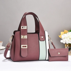 Striped patchwork tote and purse set in mauve and red with elegant gold hardware