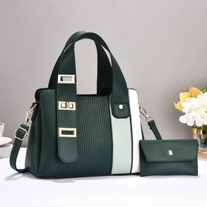 Minimalist green and white leather handbag and wallet set with premium gold hardware and strap
