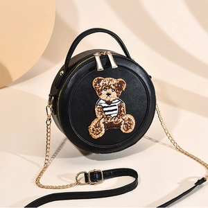 Sac À Bandoulière Rond En Cuir PU Pour Femmes Avec Broderie D'ours En Peluche Et Imprimé Monogramme Sac À Main À Chaîne